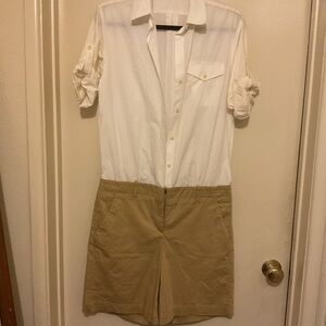 White Button-Up Top with Khaki Short Skirt Romper
